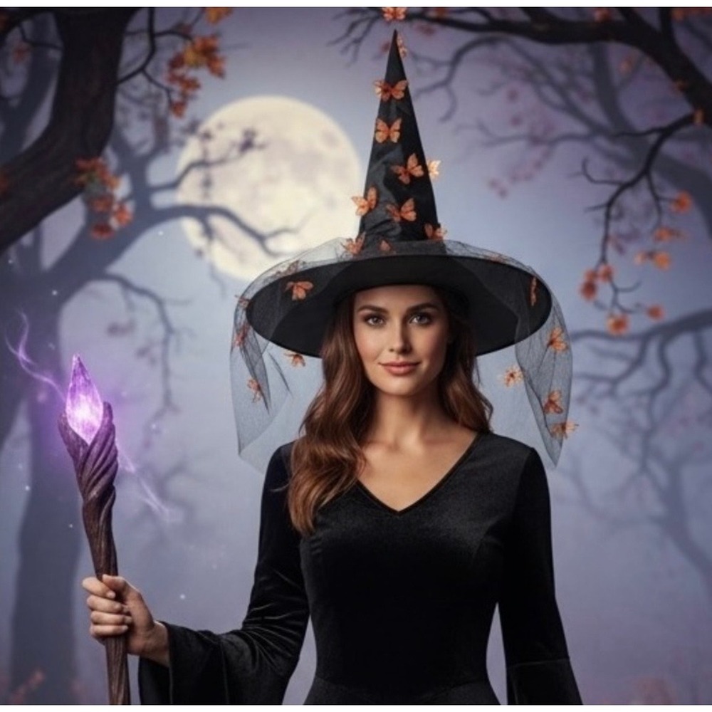 NEW Black Witch Hat with Orange Butterflies and Tulle Veil for Halloween